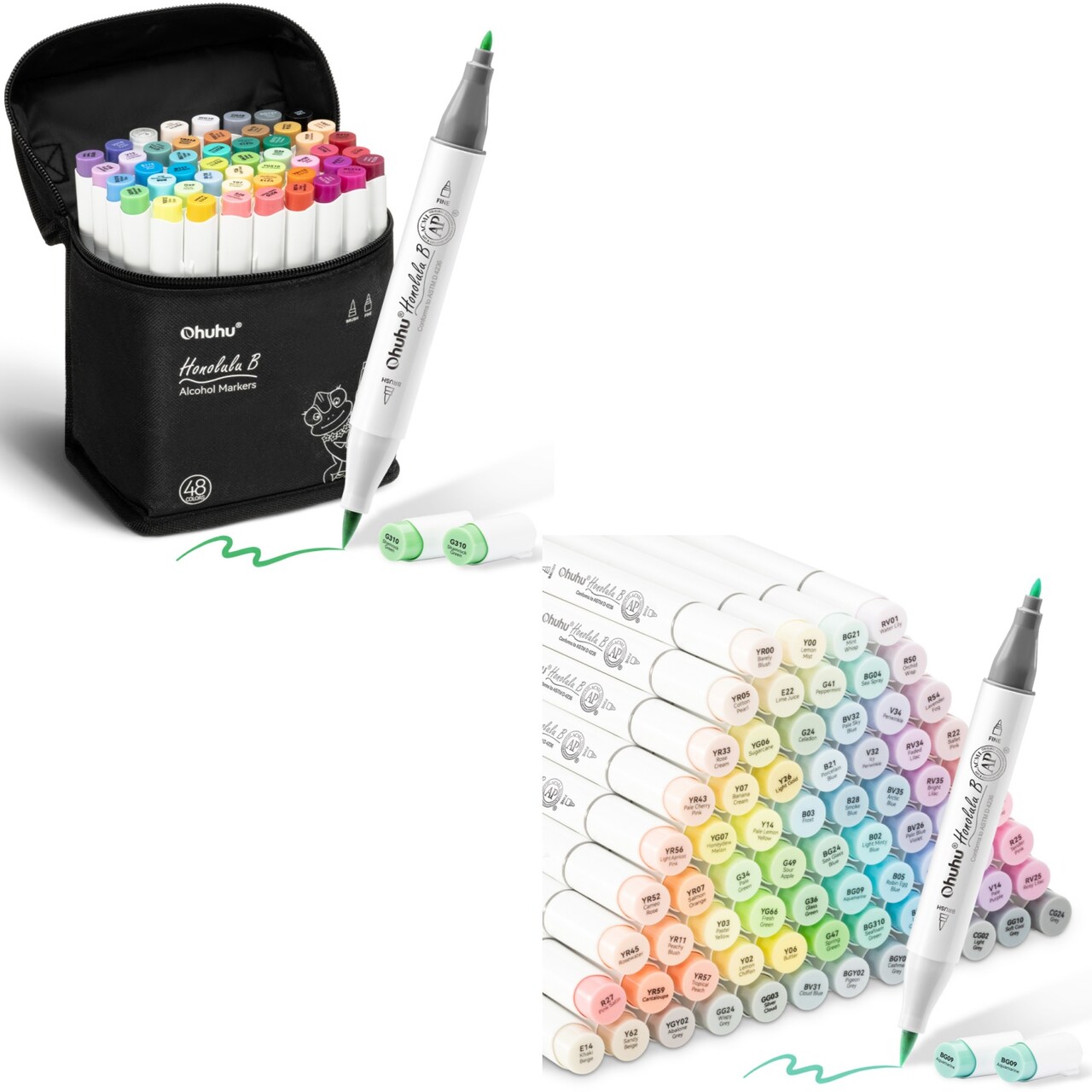 Ohuhu Honolulu B 48 Colors + 96 Pastel Colors Alcohol-Based Markers (Sweetness & Blossoming Series), Brush & Fine, Dual Tips Art Markers Bundle